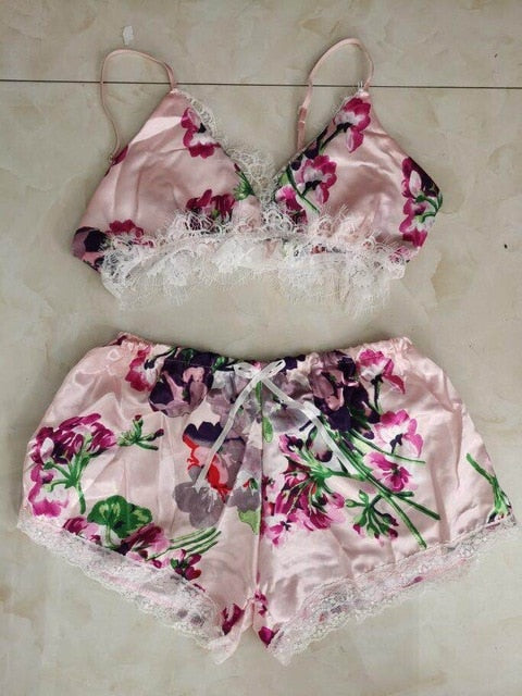 2PCS Women Underwear Sexy Silk Satin Lingerie Pajamas