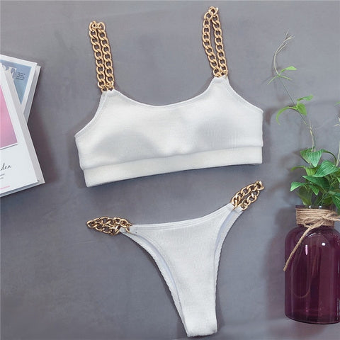 Image of Solid bikini  High waist swimwear female Chain swimsuit  2 pieces set