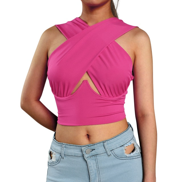 Women's Criss Cross Tank Tops Sexy Sleeveless Solid Color