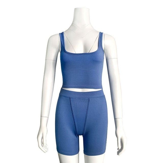 High Stretch Solid Color Yoga Set Sleeveless Crop Top +Short Gym Leggings Women Tracksuit Running Sportwear 2 Piece Set