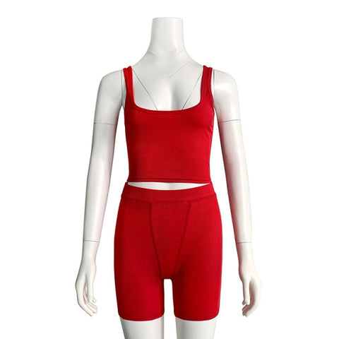 Image of High Stretch Solid Color Yoga Set Sleeveless Crop Top +Short Gym Leggings Women Tracksuit Running Sportwear 2 Piece Set