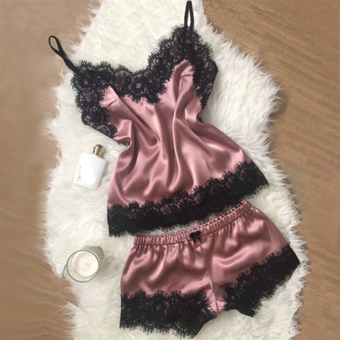 Image of Sleepwear Silk Sexy Satin Pajama Set Black Lace V-Neck