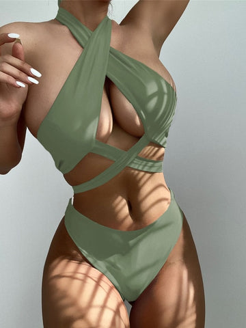 Image of INGAGA Sexy Bikini Set Halter Women&#39;s Swimsuit Solid Swimwear Women 2022 Criss Cross Wrap Biquinis New Beachwear Bathing Suits