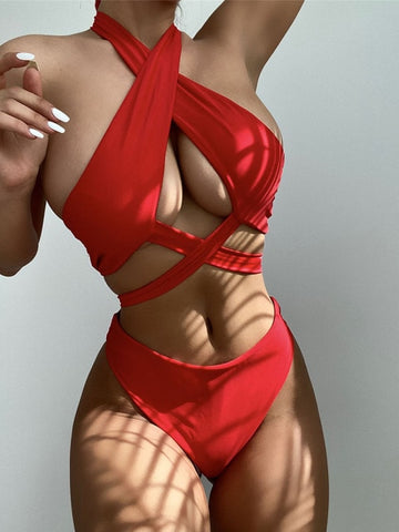 Image of INGAGA Sexy Bikini Set Halter Women&#39;s Swimsuit Solid Swimwear Women 2022 Criss Cross Wrap Biquinis New Beachwear Bathing Suits